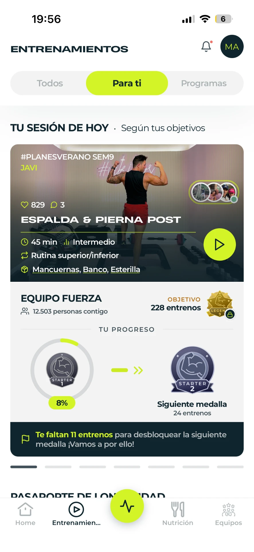 Ficha del entrenamiento completo de 50 minutos en la app